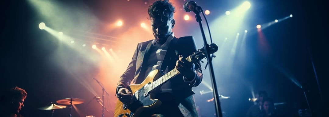 Guitarist playing on stage during a live performance.