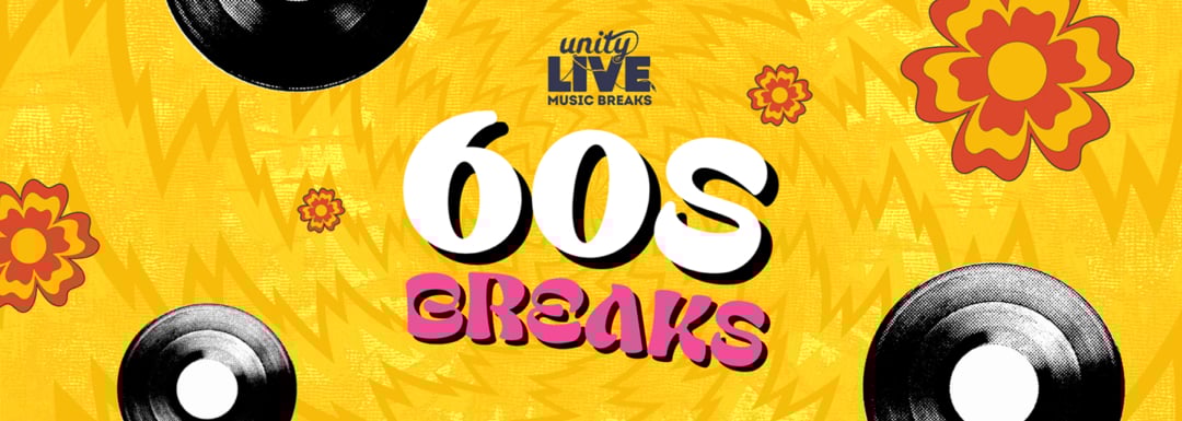 Bright yellow banner featuring orange flowers and records promoting Unity Holidays live music 60s breaks.